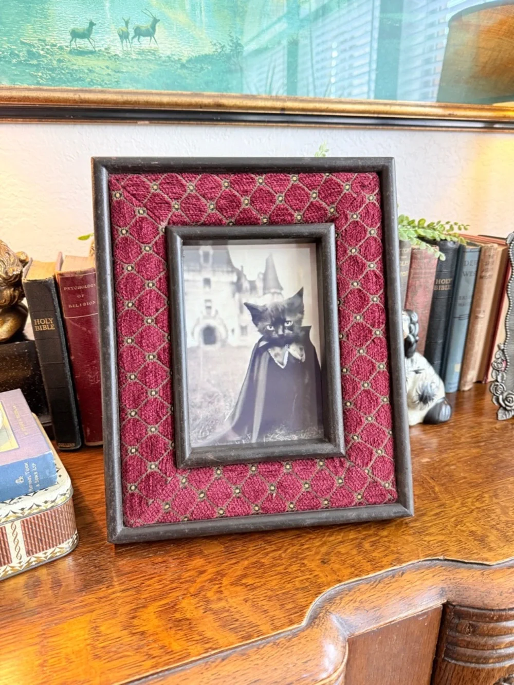 Vintage Gothic Red Quilted Velvet Picture Frame with Black Cat
